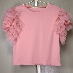 Alice + Olivia Blush Pink Rylan Tulle Sleeve T-shirt Fairy Top 100% Cotton